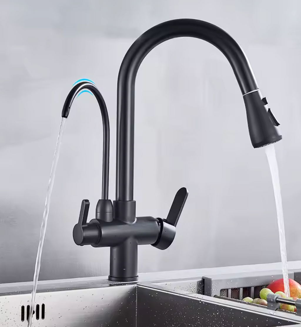 Antiqle Blackmore Küchenarmatur – 3-in-1, ausziehbar, Trinkwasseranschluss, Mattschwarz